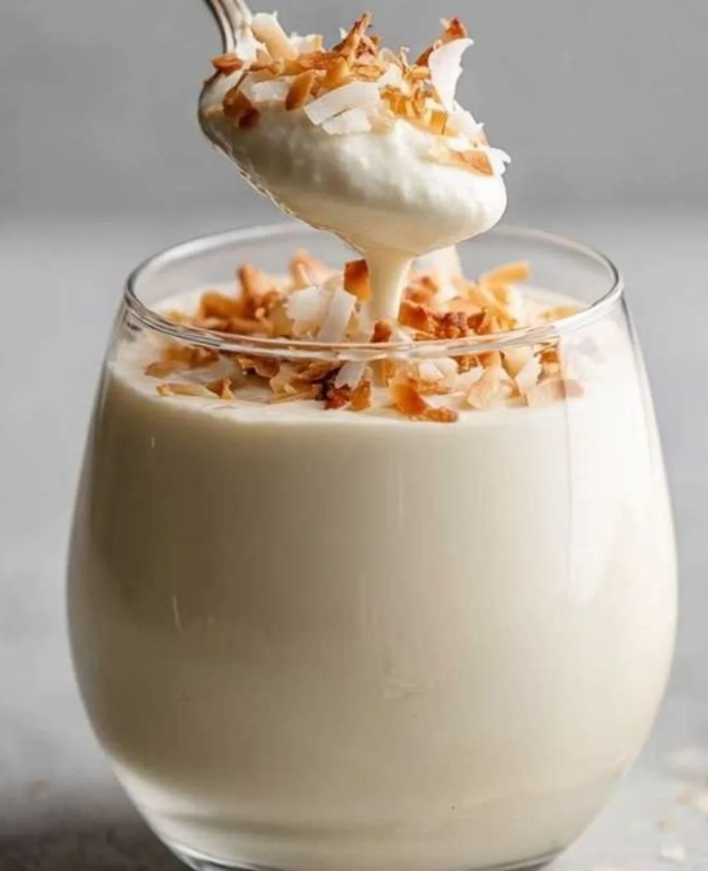 Delicious coconut pudding served in a vibrant bowl, garnished with coconut flakes.