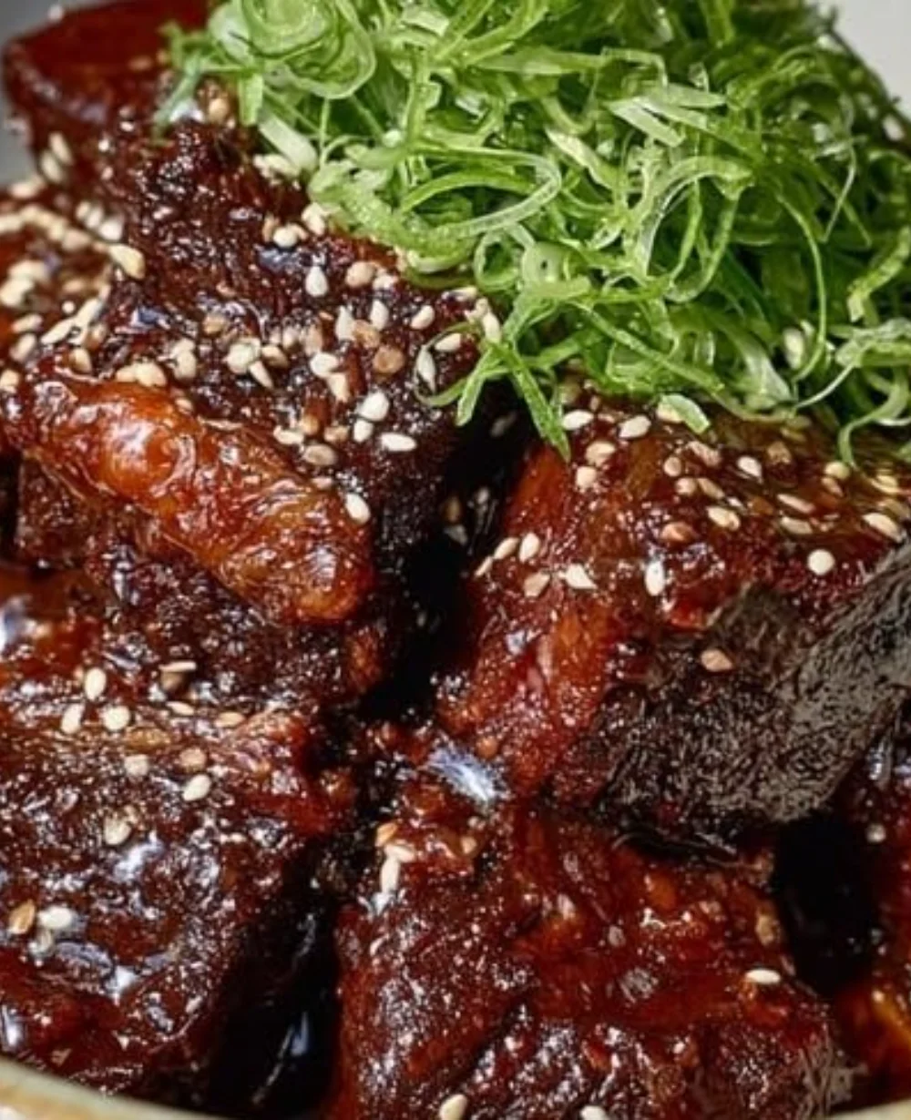 Asian Sticky BBQ Chuck Roast served on a plate, garnished with herbs and spices.