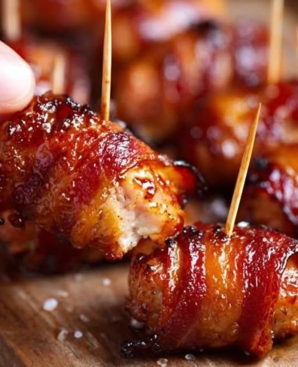 Bacon wrapped chicken bites arranged on a platter.