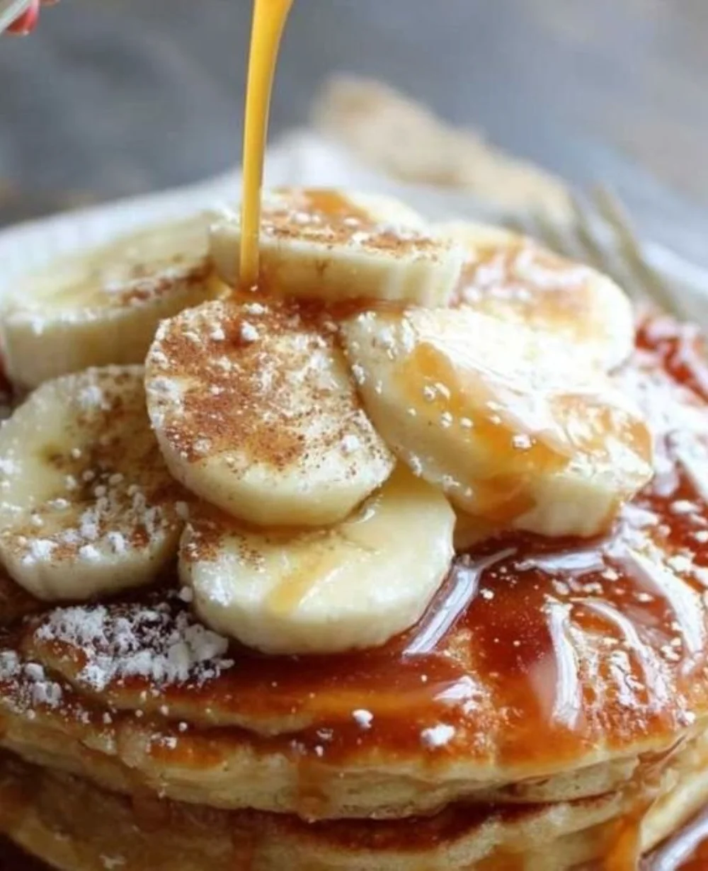 Delicious baked banana foster pancakes topped with caramelized bananas and syrup.