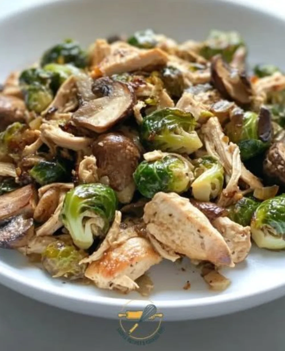 Balsamic chicken dish served with roasted Brussels sprouts on a plate.