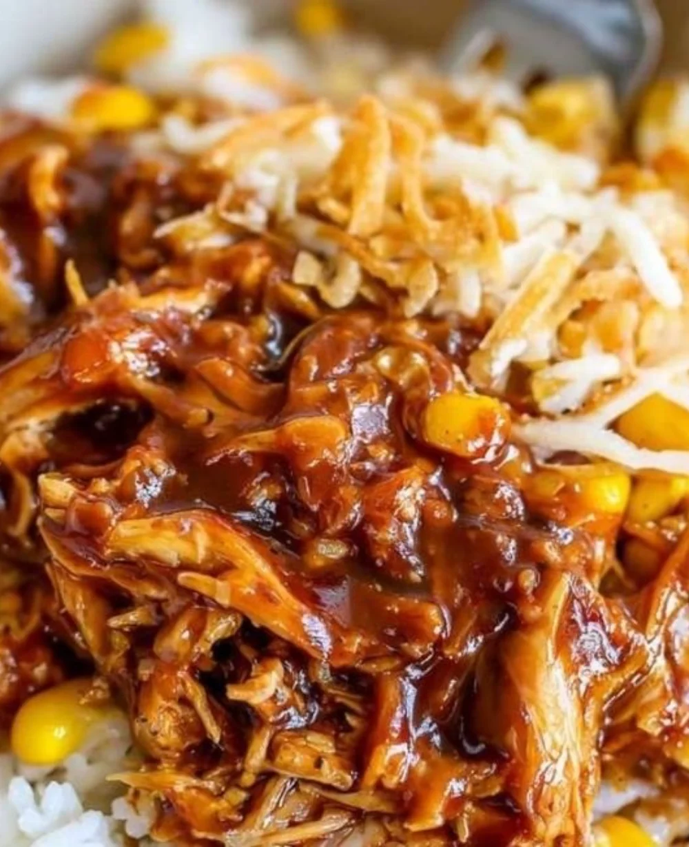 BBQ Chicken Rice Bowl topped with fresh vegetables and sauce