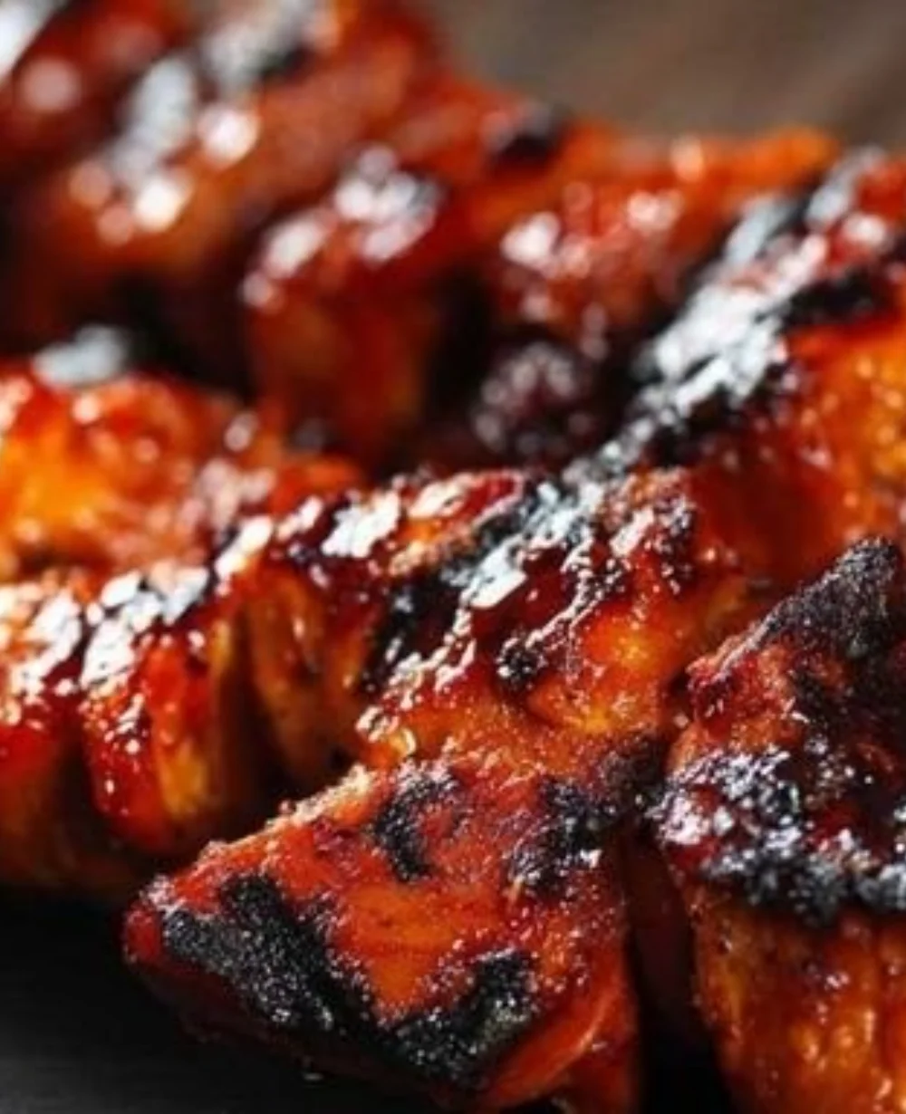 Grilled BBQ chicken skewers garnished with vegetables on a wooden platter