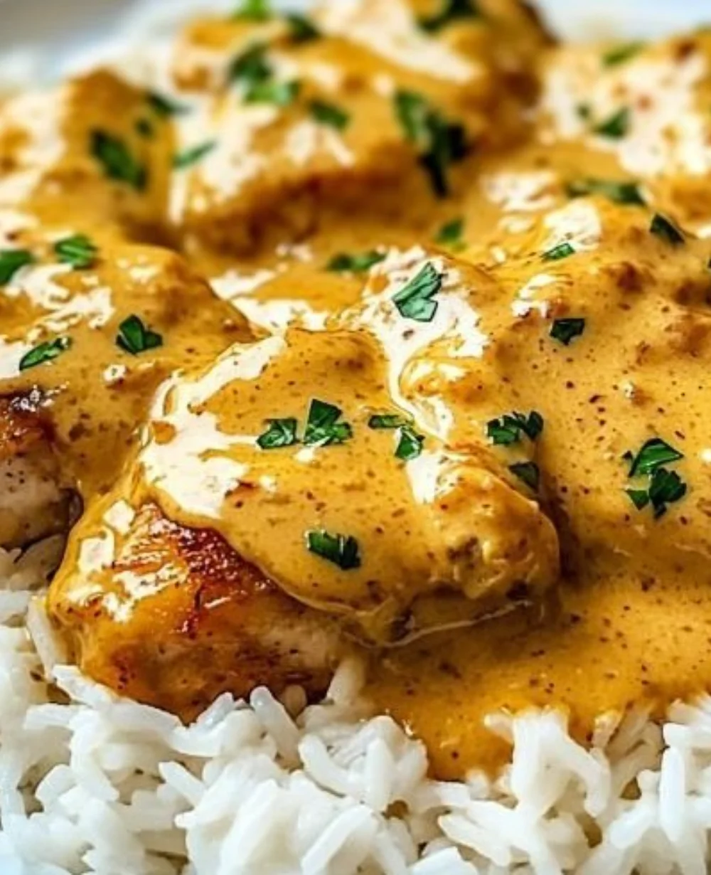 Delicious smothered chicken served over rice, a comfort food classic.