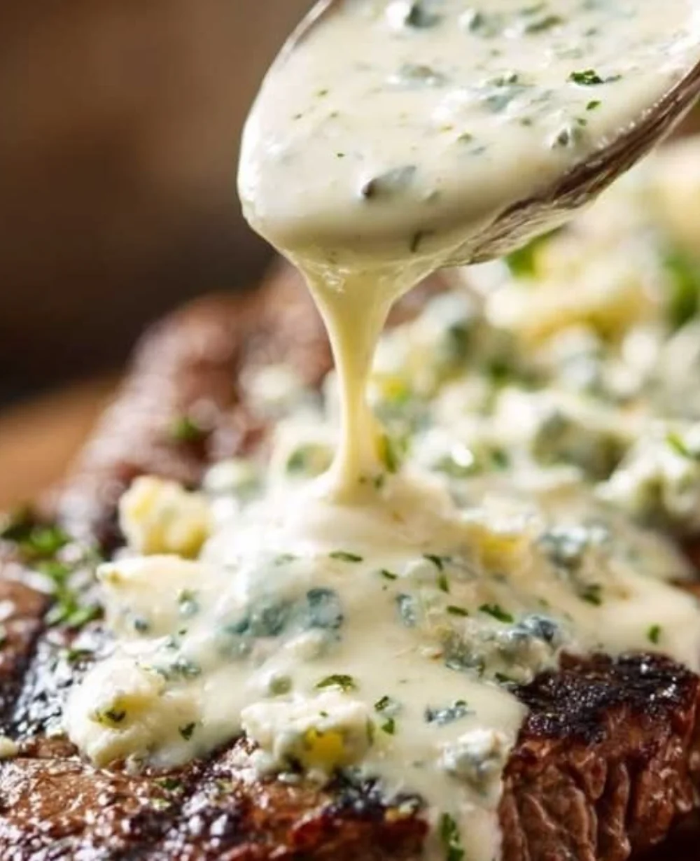 Creamy blue cheese sauce drizzled over a succulent steak.