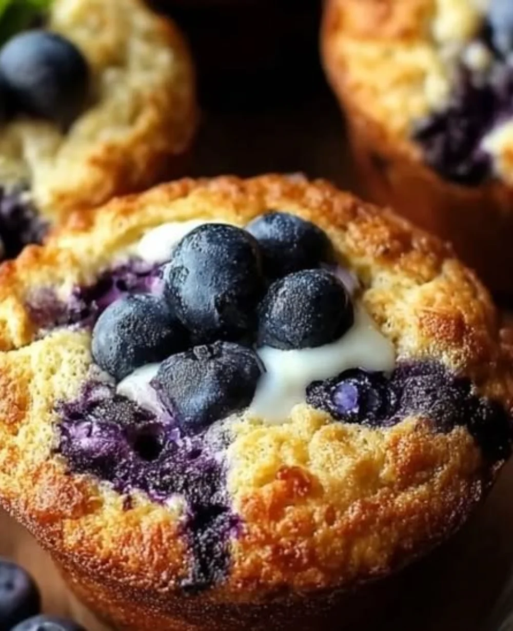 Blueberry cottage cheese muffins on a wooden table with fresh blueberries
