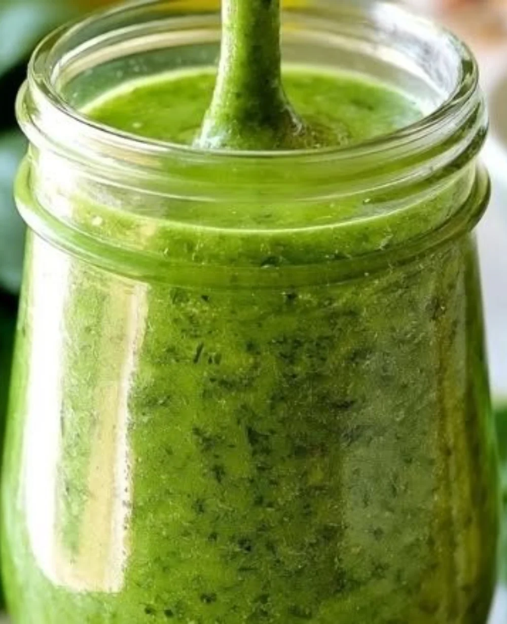 Fresh basil dressing drizzled over a colorful salad