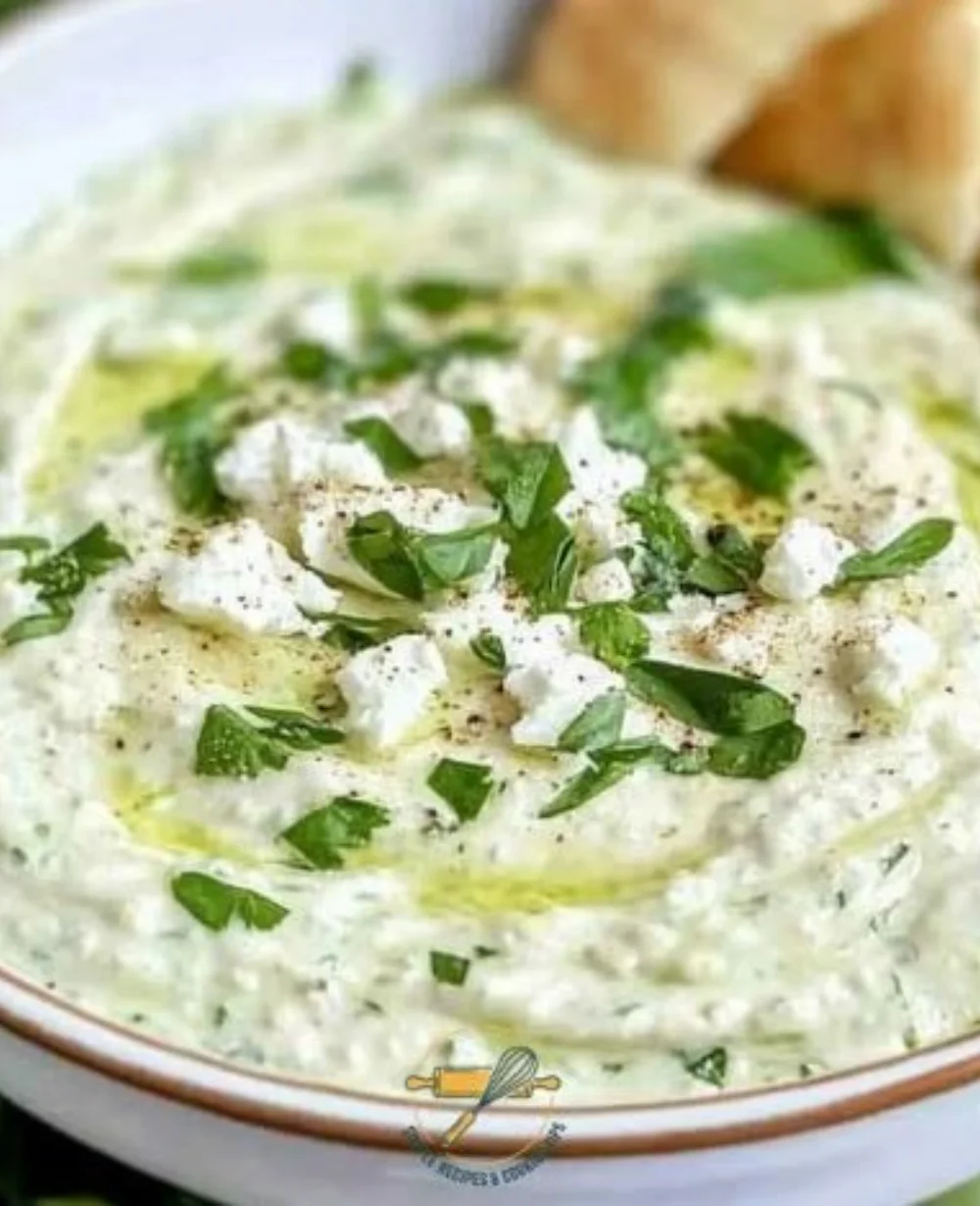 Creamy white bean feta dip garnished with herbs in a serving bowl