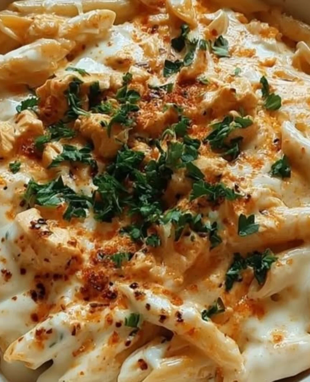 Creamy Buffalo Chicken Alfredo Penne served in a bowl, garnished with herbs.