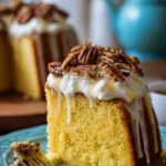 Delicious Butter Pecan Tres Leches Cake topped with chopped pecans and cream