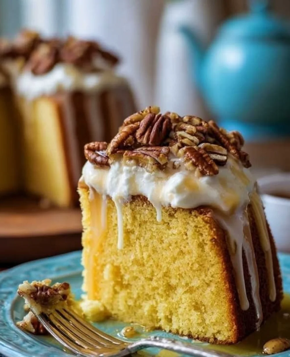 Delicious Butter Pecan Tres Leches Cake topped with chopped pecans and cream