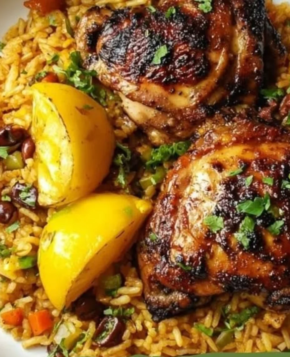 Delicious Caribbean jerk chicken served with rice on a vibrant plate