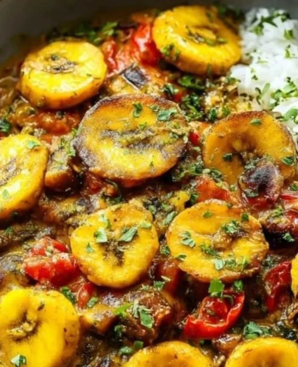 Delicious Caribbean Plantain Curry served in a bowl with fresh herbs.