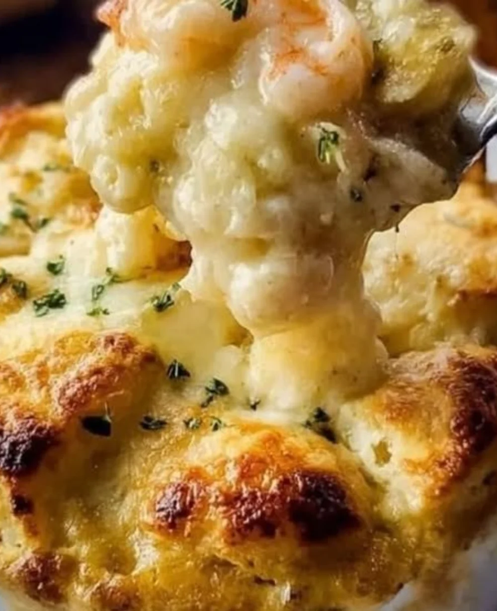 Cheddar Bay Biscuit Seafood Pot Pie with flaky biscuits and creamy seafood filling