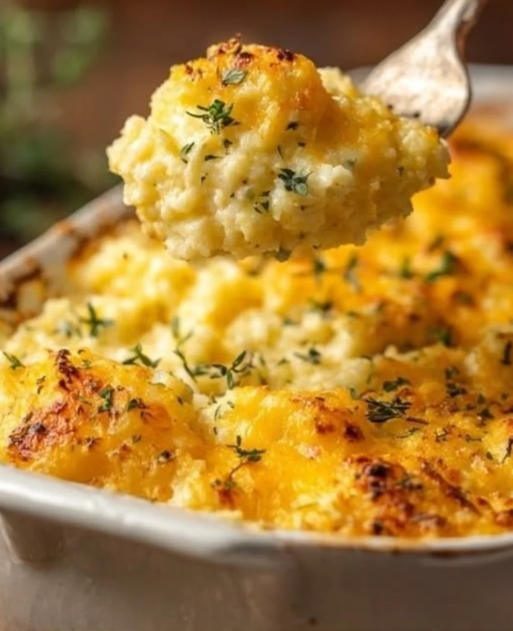 Cheesy cauliflower rice dish garnished with herbs on a plate.