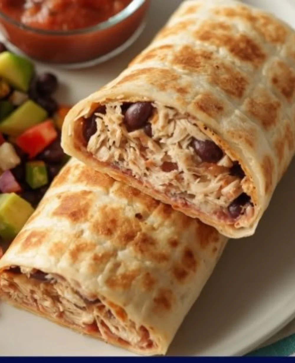 Delicious chicken bean burrito served with fresh toppings and salsa