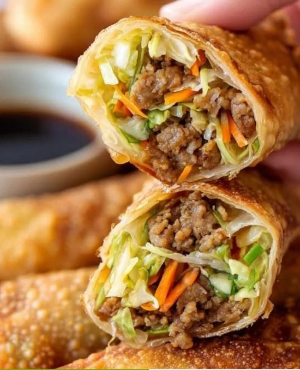 Crispy chicken egg rolls served with dipping sauce on a plate