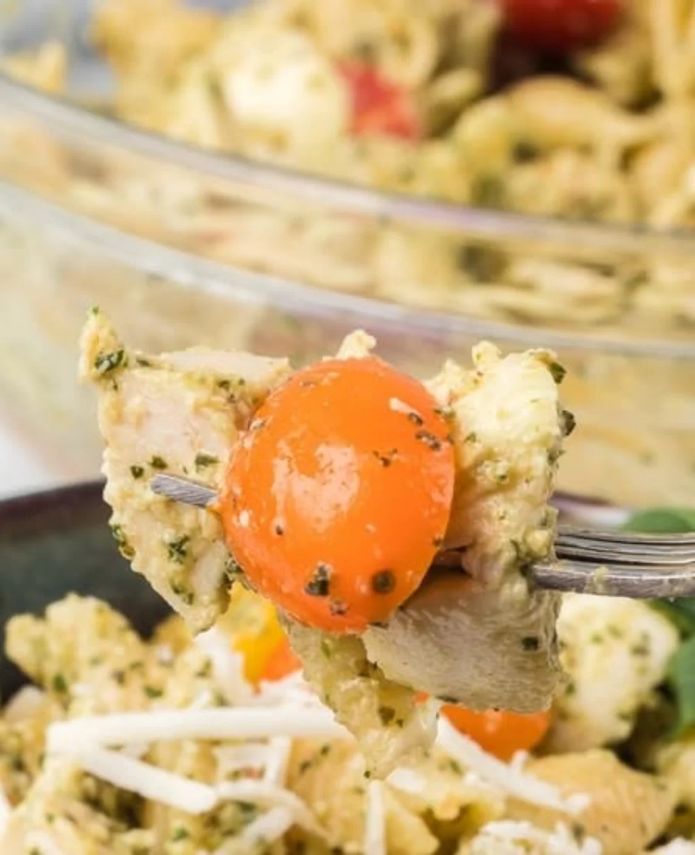 Delicious Chicken Pesto Pasta Salad with fresh vegetables and chicken