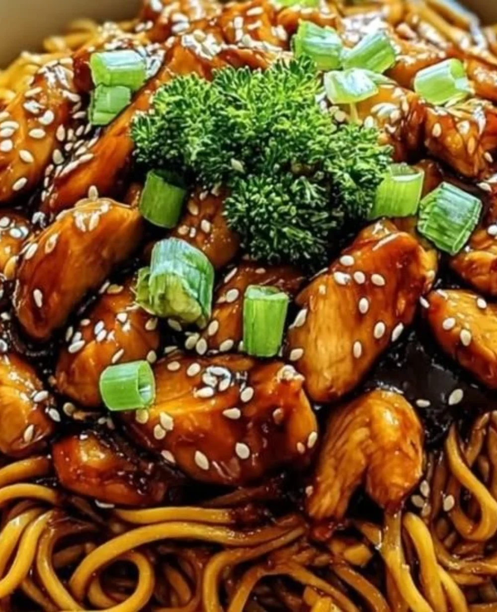 Delicious Chicken Teriyaki Noodles with colorful vegetables and sauce
