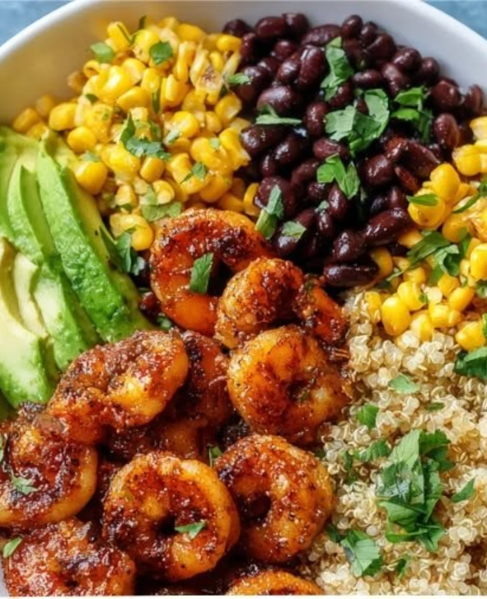 Chili-Lime Shrimp Quinoa Bowl with fresh ingredients