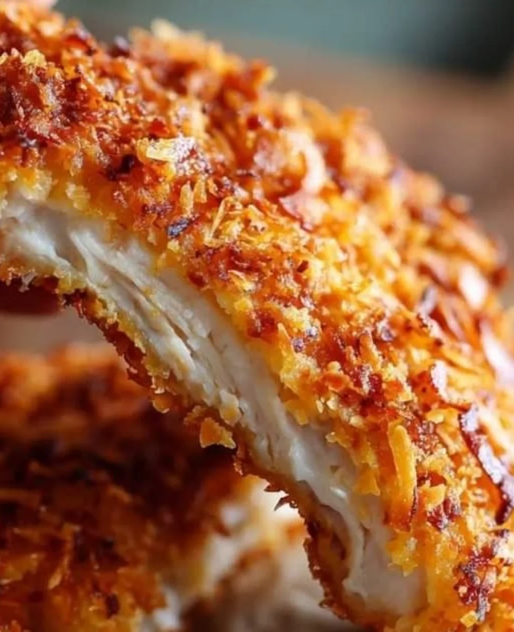 Coconut crusted chicken served with a vibrant salad, showcasing crispy coconut topping.