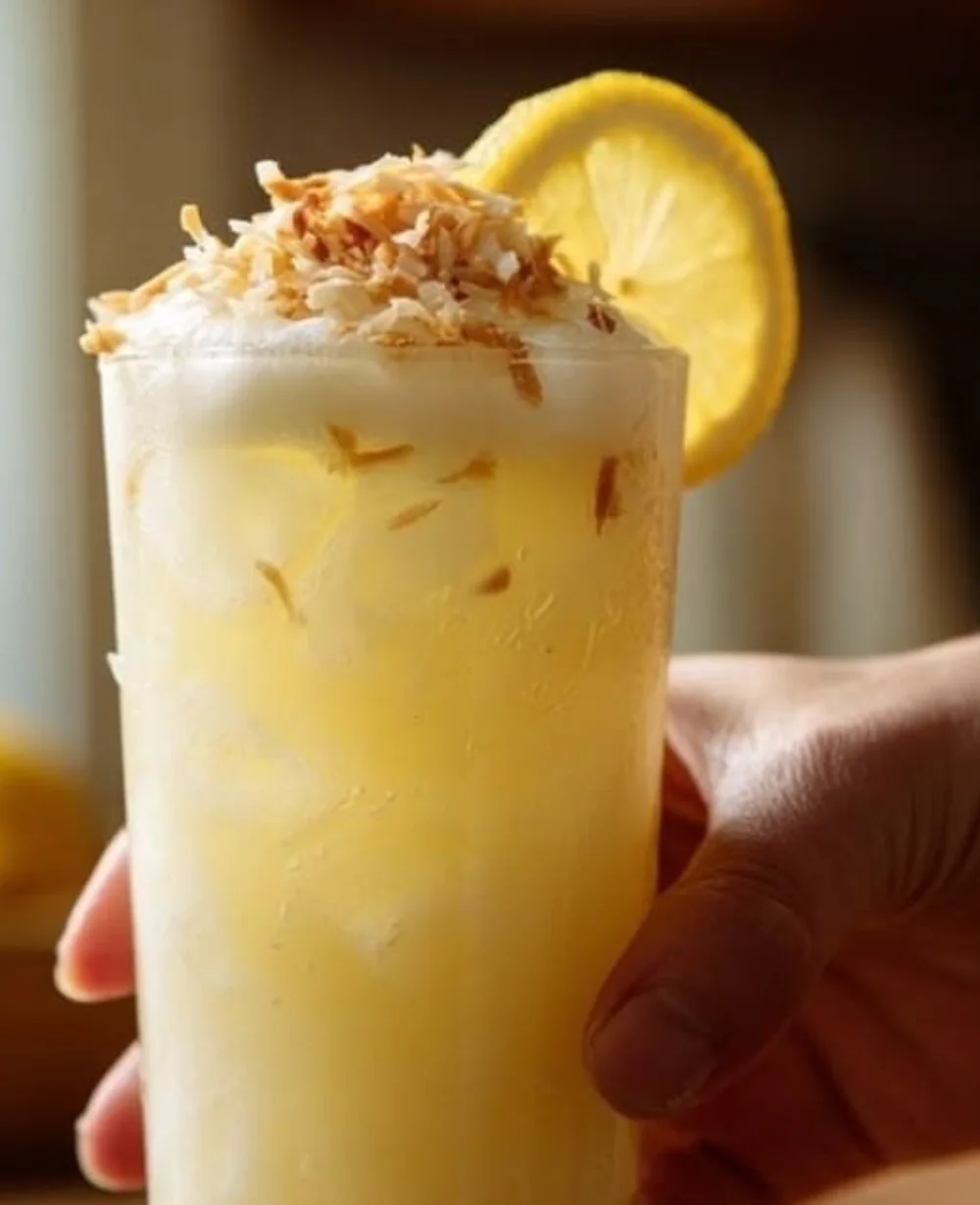 Refreshing Coconut Lemonade served in a tall glass with lemon slices and coconut.