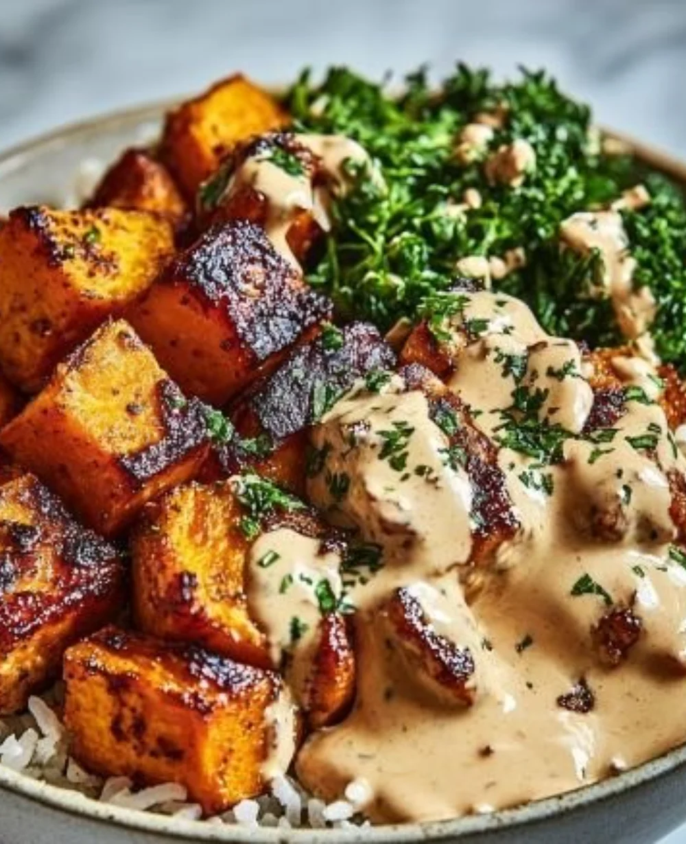 Delicious chicken and sweet potato bowls topped with fresh herbs and spices.