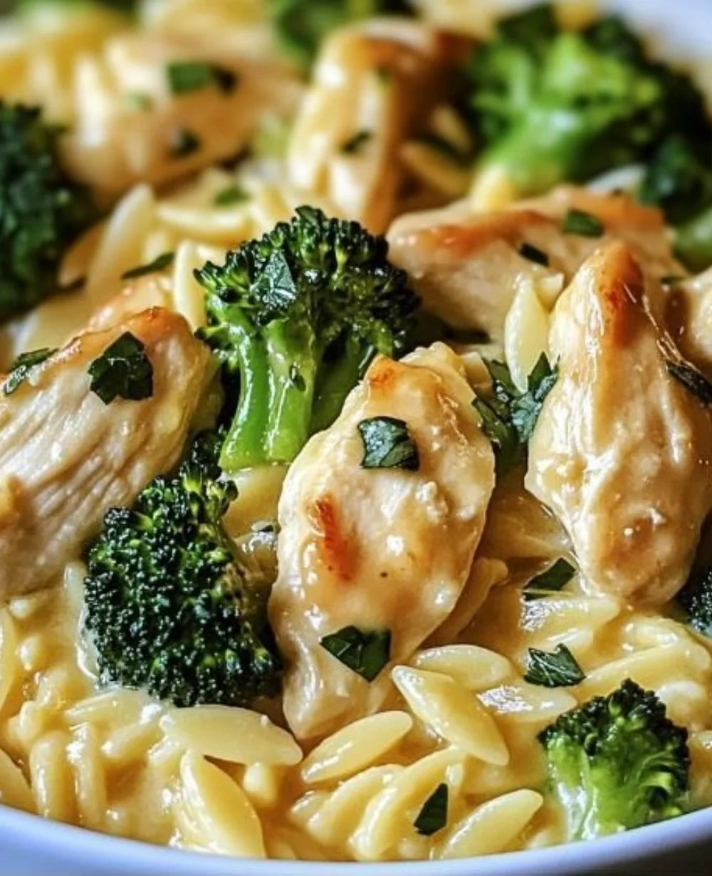 One pot cheesy chicken broccoli orzo dish with creamy sauce and vibrant vegetables.