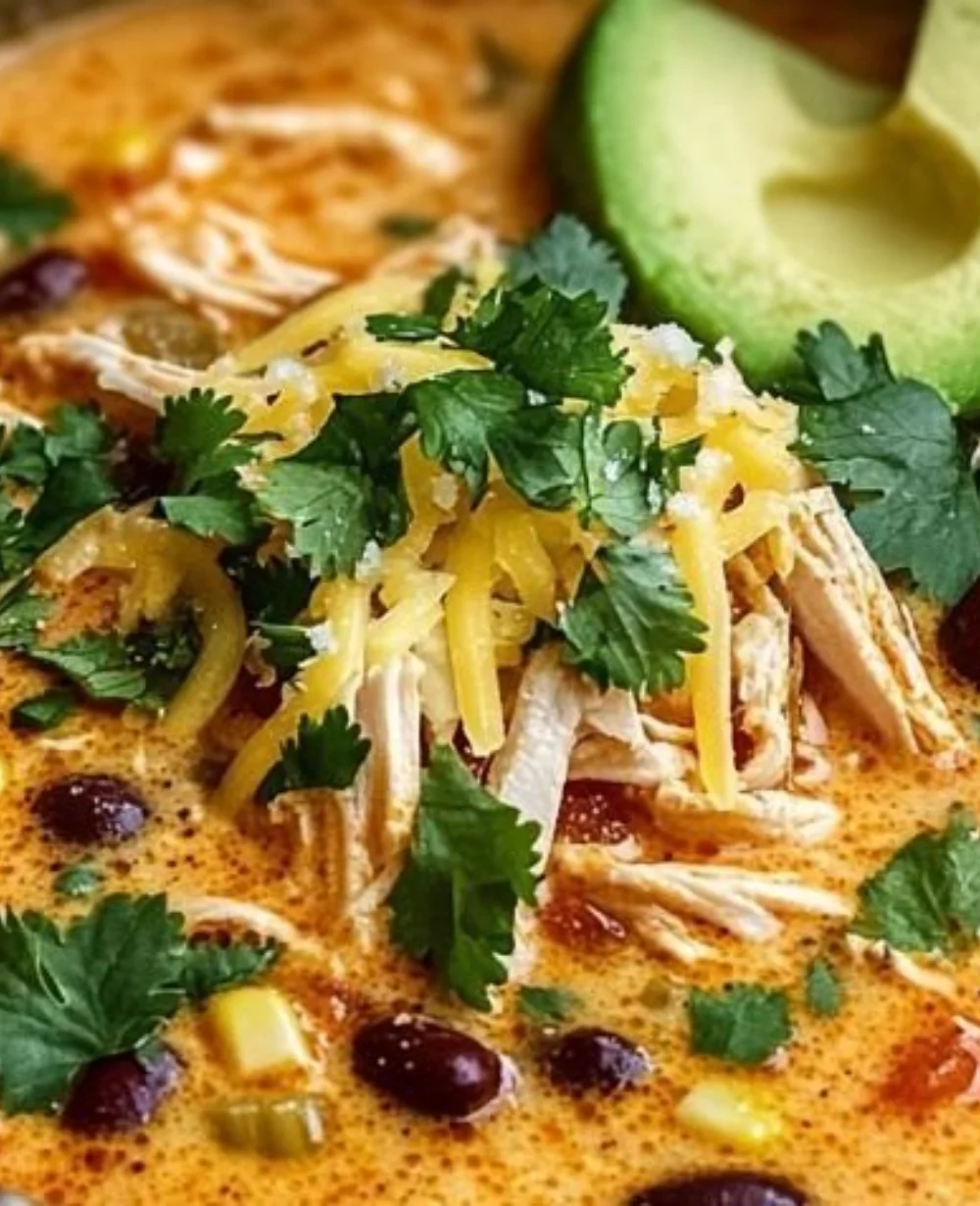 Bowl of comforting creamy chicken enchilada soup garnished with cilantro and avocado