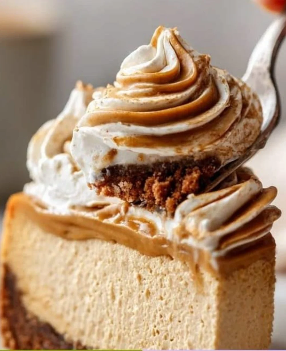Delicious cookie butter cheesecake topped with cookie crumbles and drizzled sauce