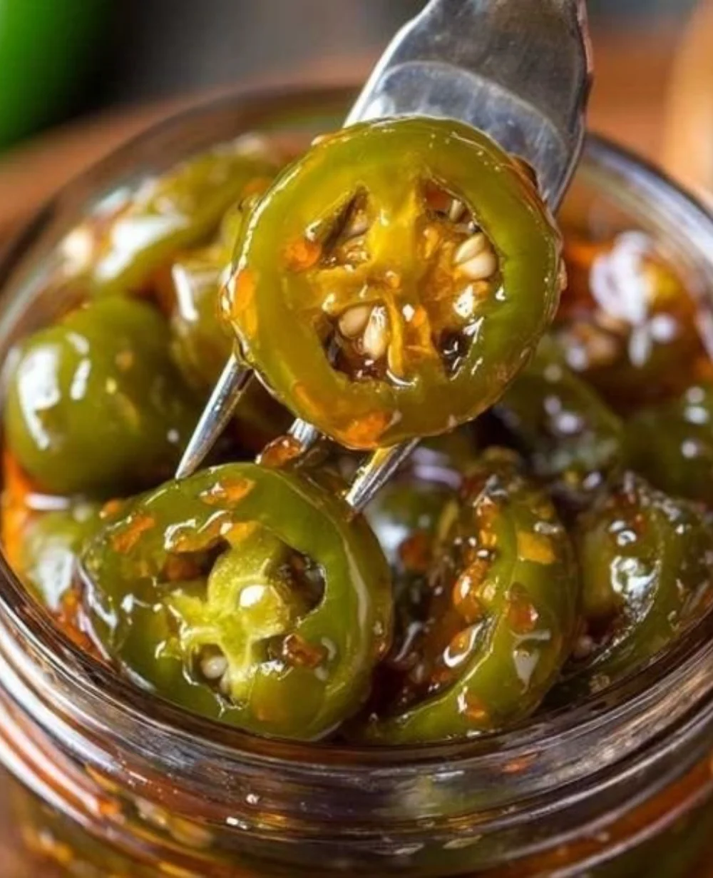 Delicious Cowboy Candy Jalapenos in a jar, perfect for snacking and appetizers.