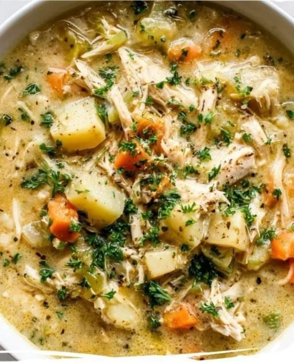 Bowl of delicious chicken pot pie soup topped with herbs and vegetables