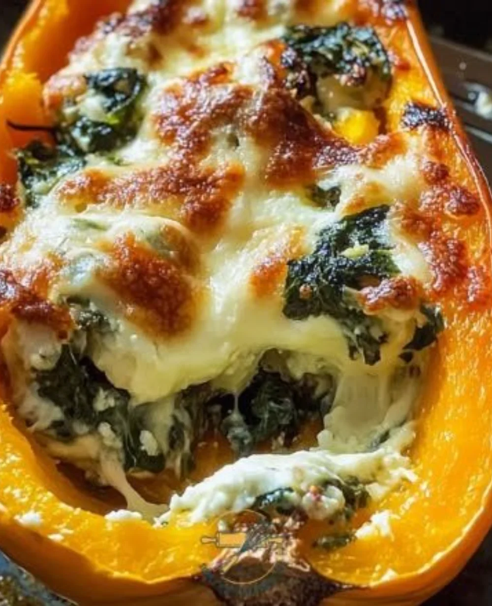 Delicious four cheese spinach bake with butternut squash served in a cozy dish.