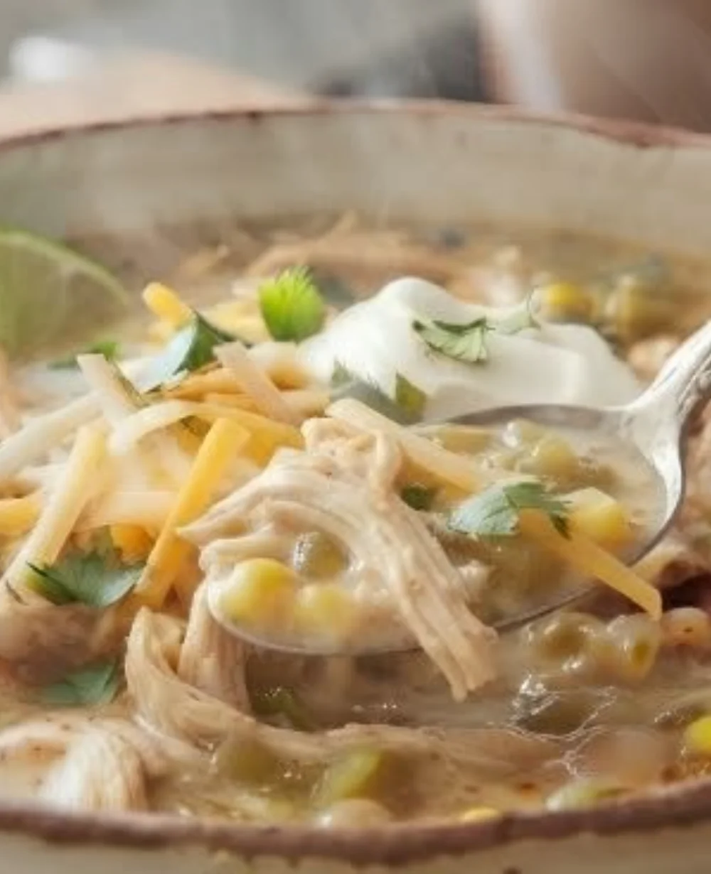 Bowl of cozy green chile chicken soup garnished with fresh herbs