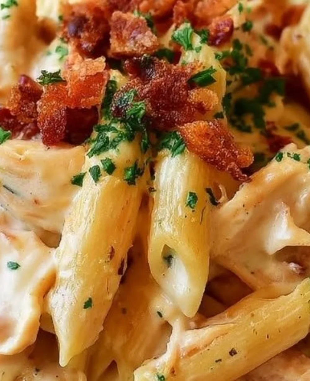 Delicious Crack Chicken Penne Pasta dish garnished with herbs