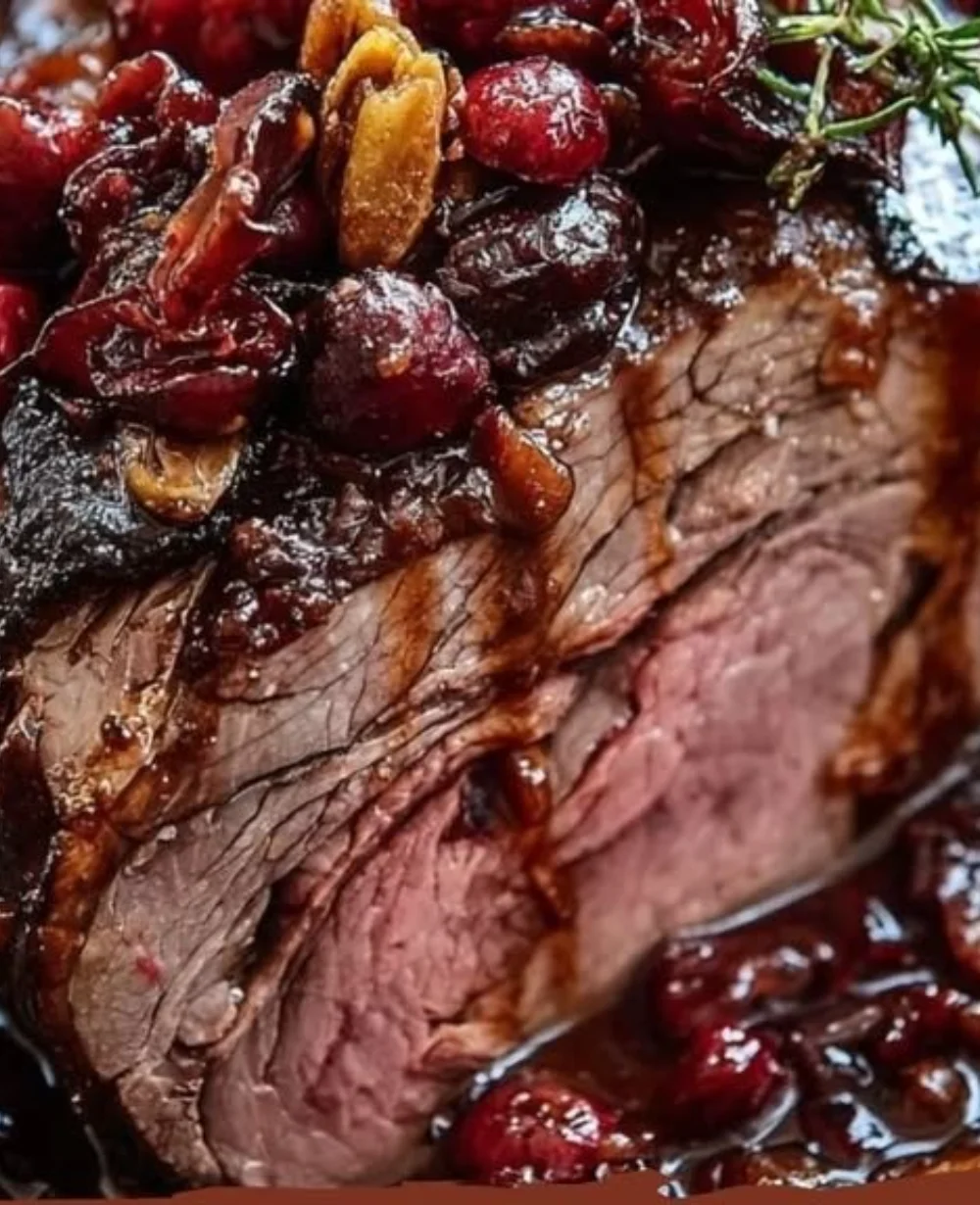 Cranberry Balsamic Roast Beef garnished with herbs on a wooden platter