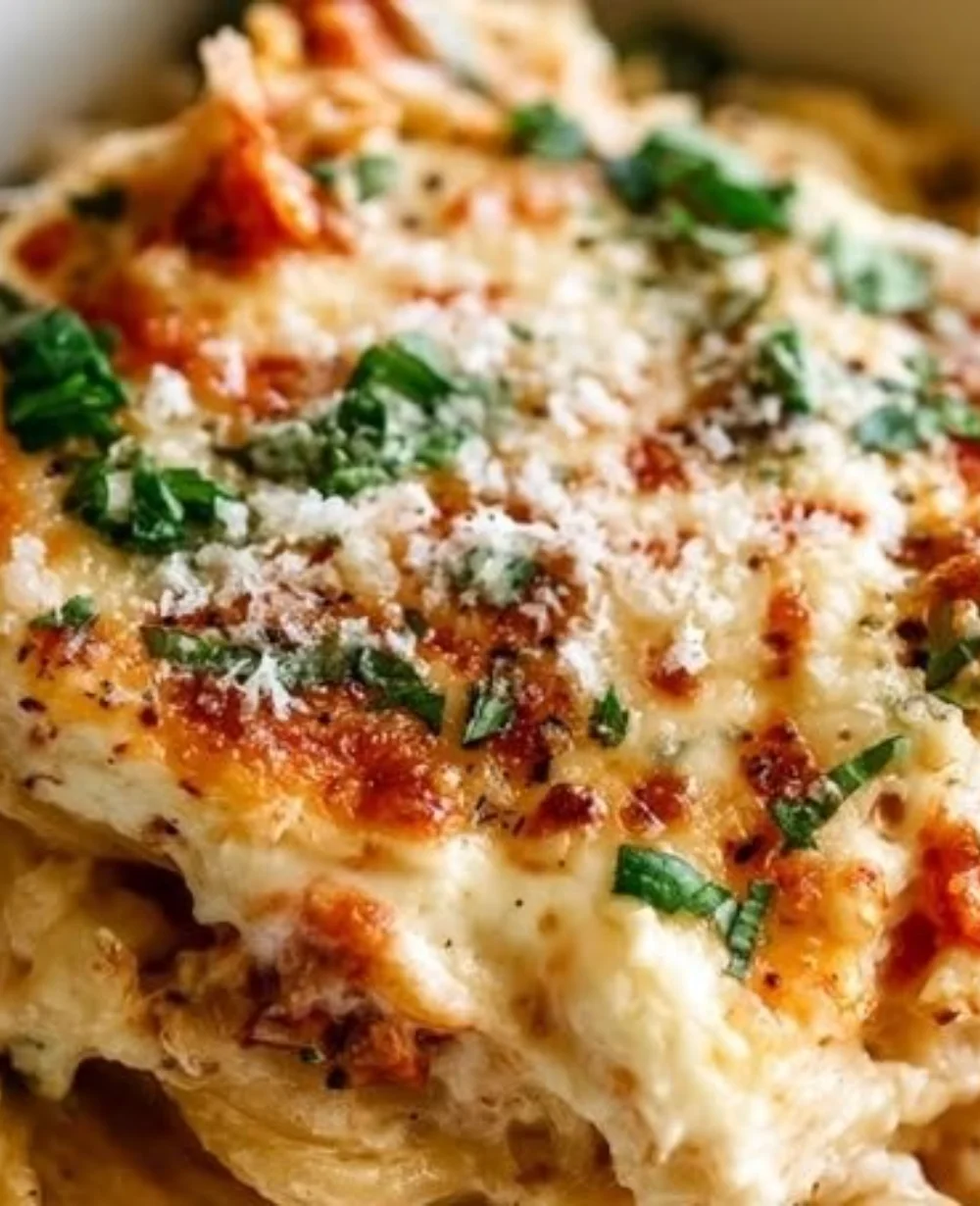 Cream cheese spaghetti served on a plate with fresh herbs