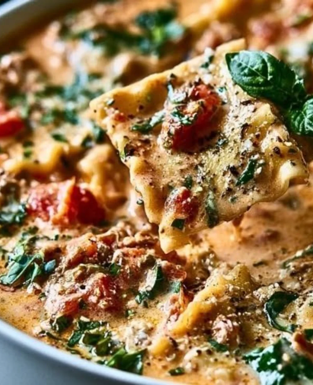 Creamy Alfredo lasagna soup in a bowl topped with herbs and cheese