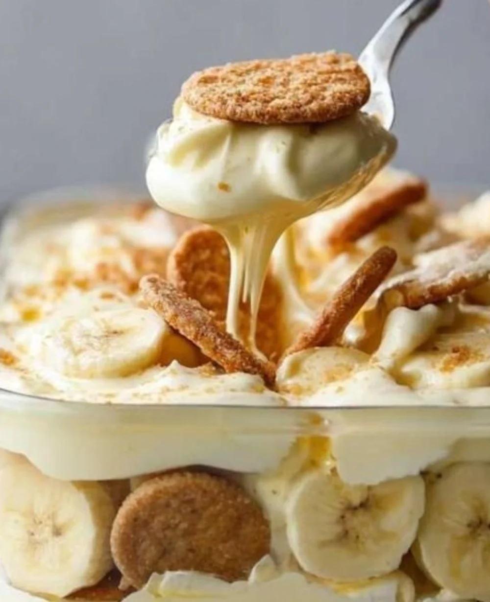 Delicious bowl of creamy banana pudding topped with vanilla wafers and banana slices