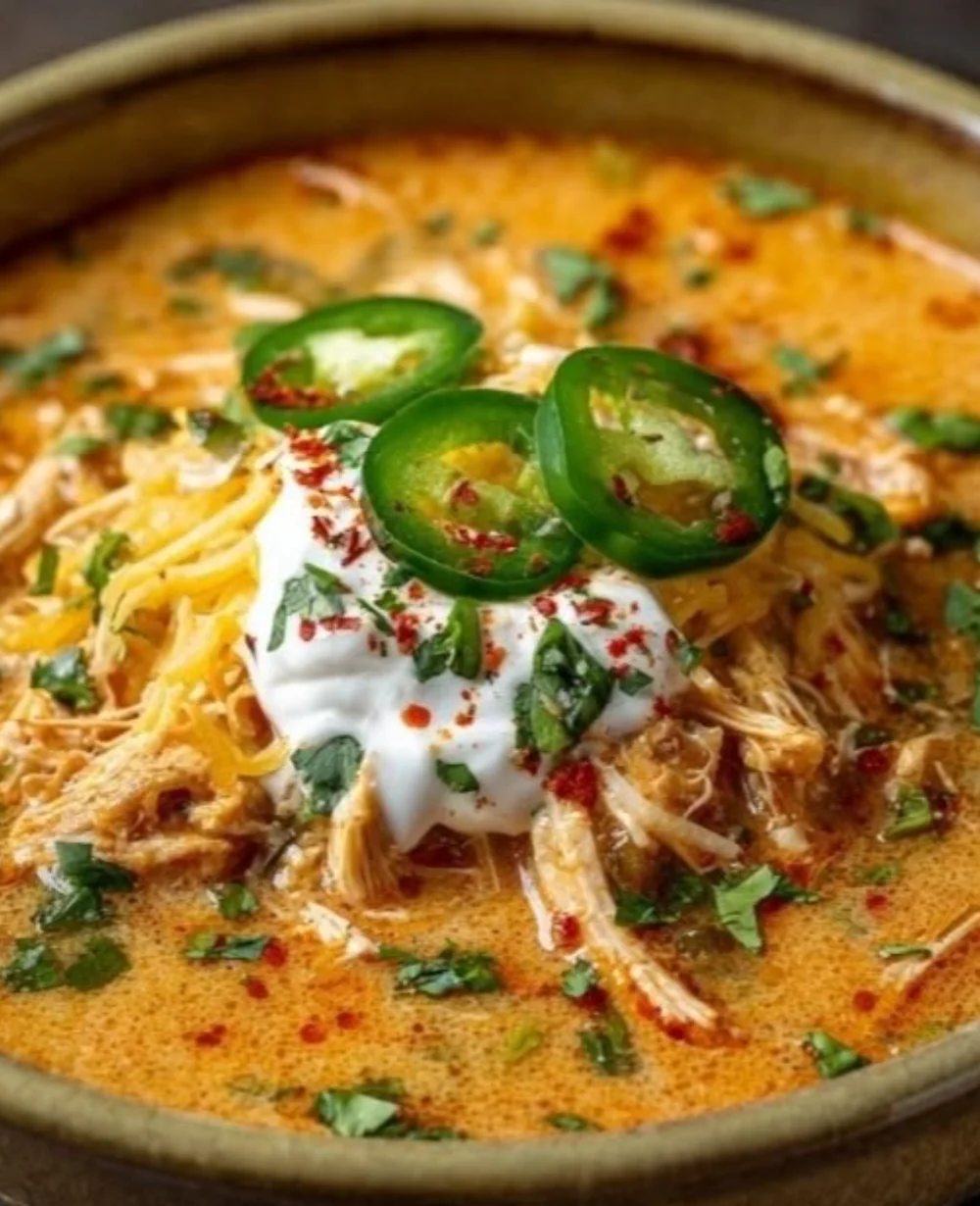 Bowl of creamy chicken enchilada soup topped with cheese and cilantro