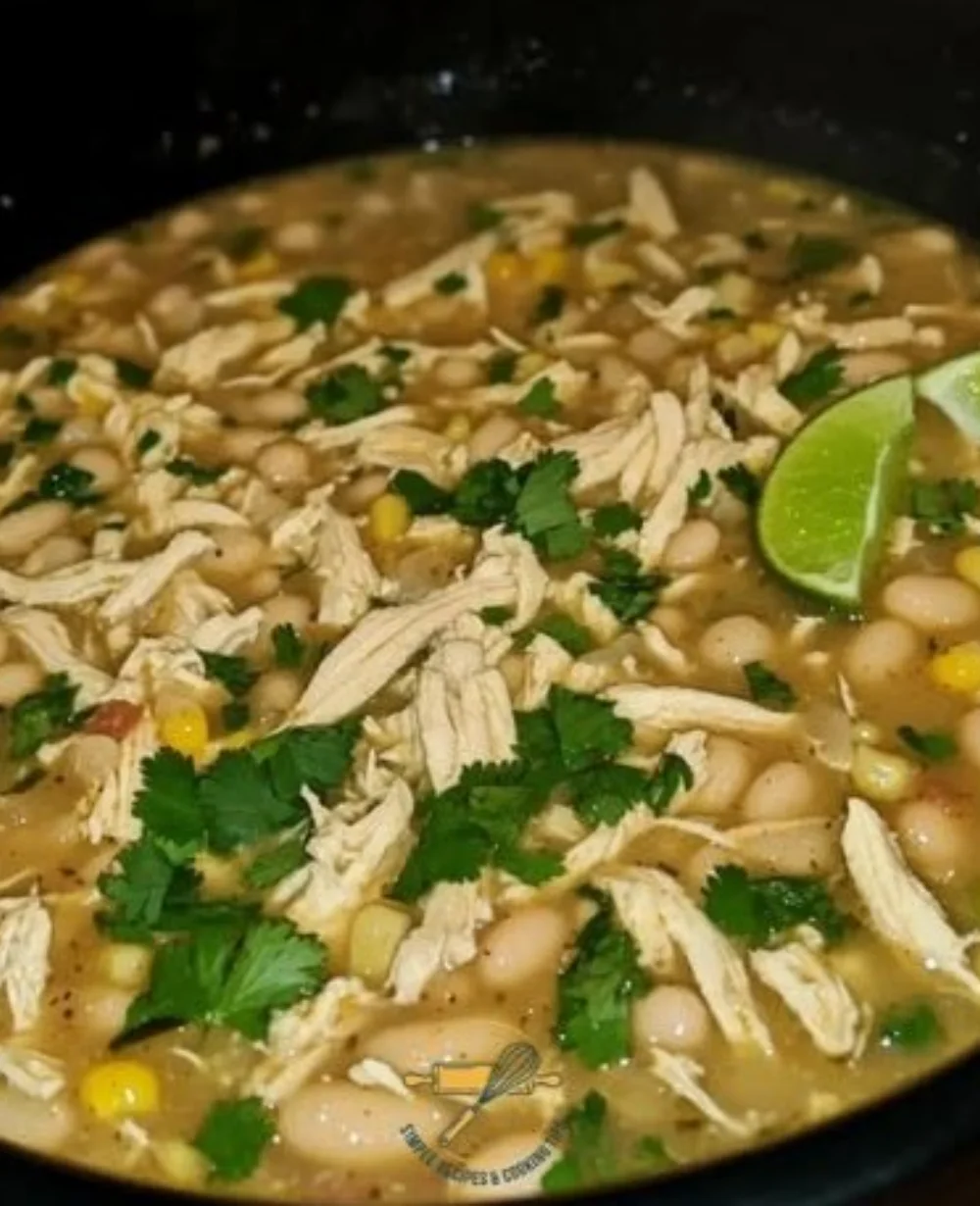 Bowl of creamy crockpot white chicken chili with toppings