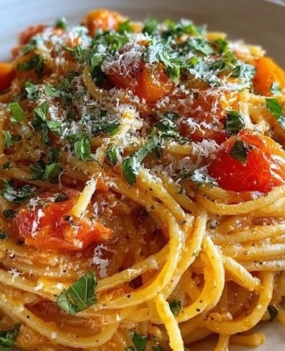 Plate of creamy fresh tomato garlic pasta, garnished with herbs.