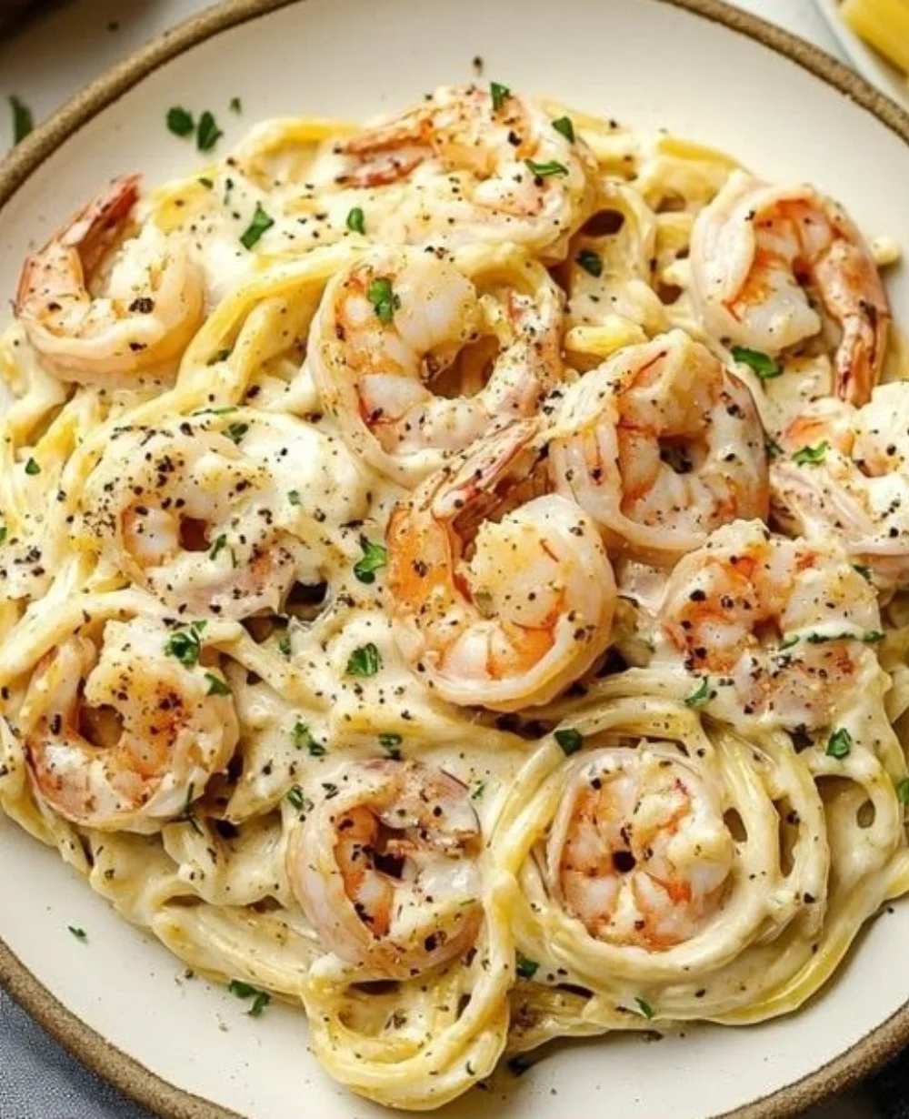 Creamy garlic shrimp pasta served in a bowl with herbs and grated cheese