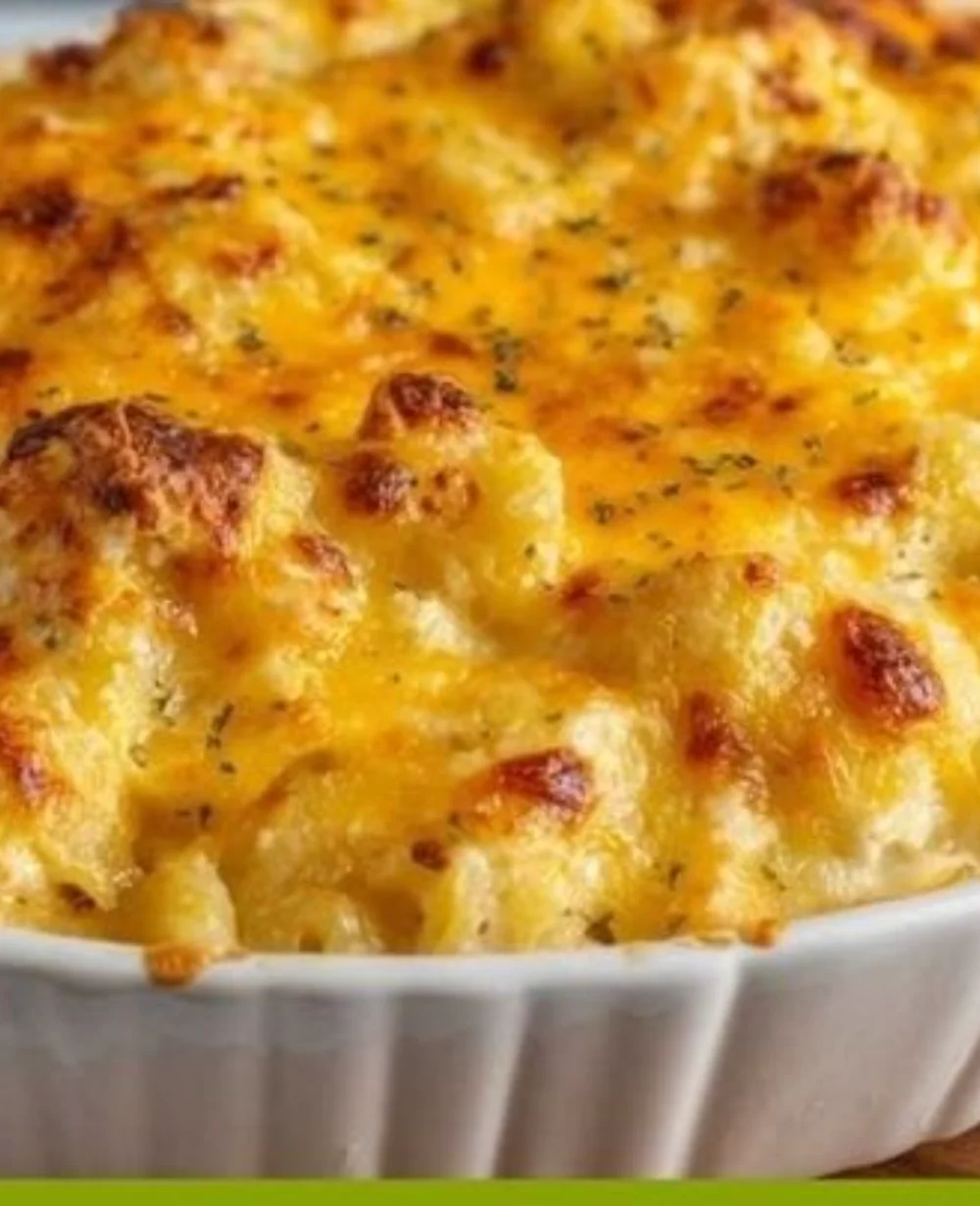 Creamy mac and cheese with cottage cheese served in a cozy dish