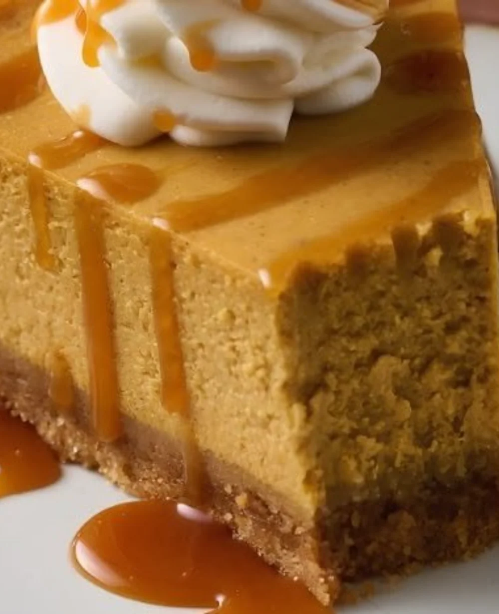 Slice of creamy pumpkin cheesecake topped with whipped cream and cinnamon