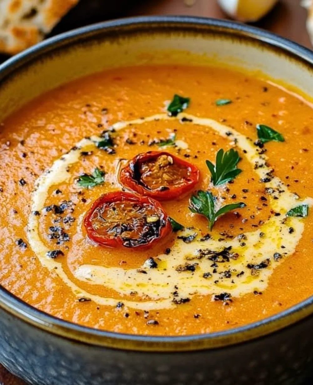 Creamy roasted garlic tomato soup in a bowl garnished with fresh herbs
