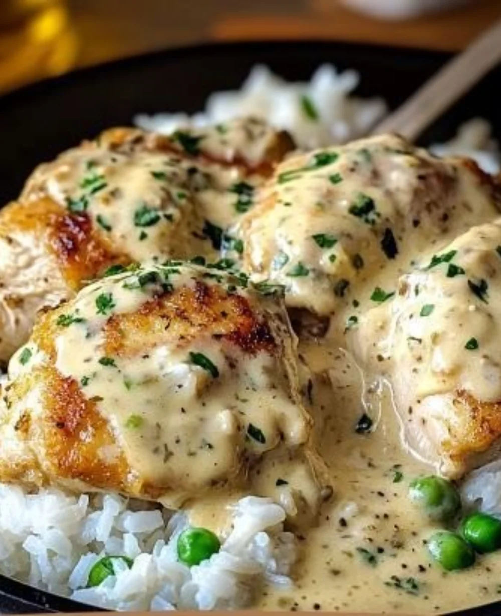 Delicious creamy smothered chicken served over rice, a comforting meal.