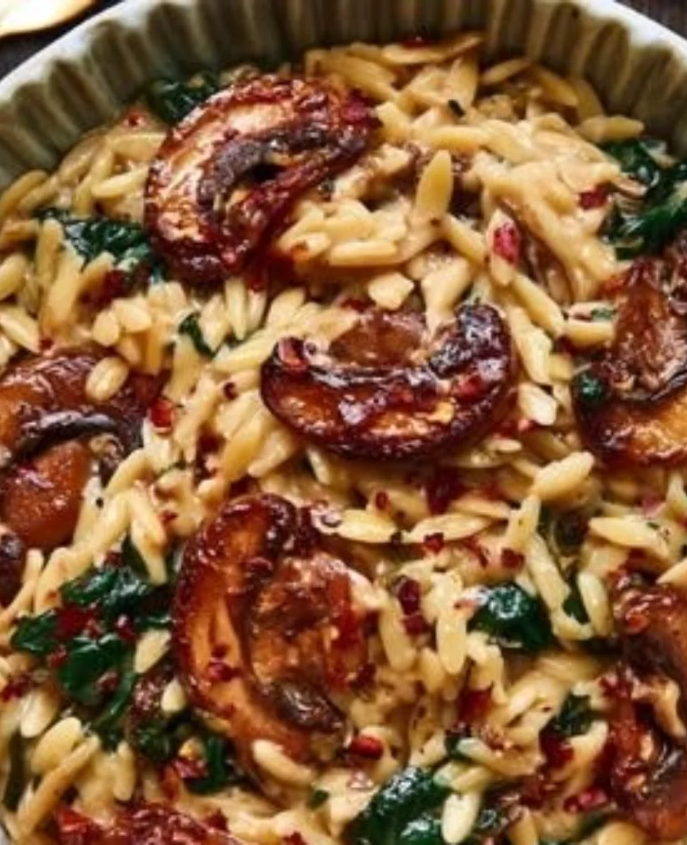 Creamy spinach mushroom chicken orzo dish garnished with fresh herbs.