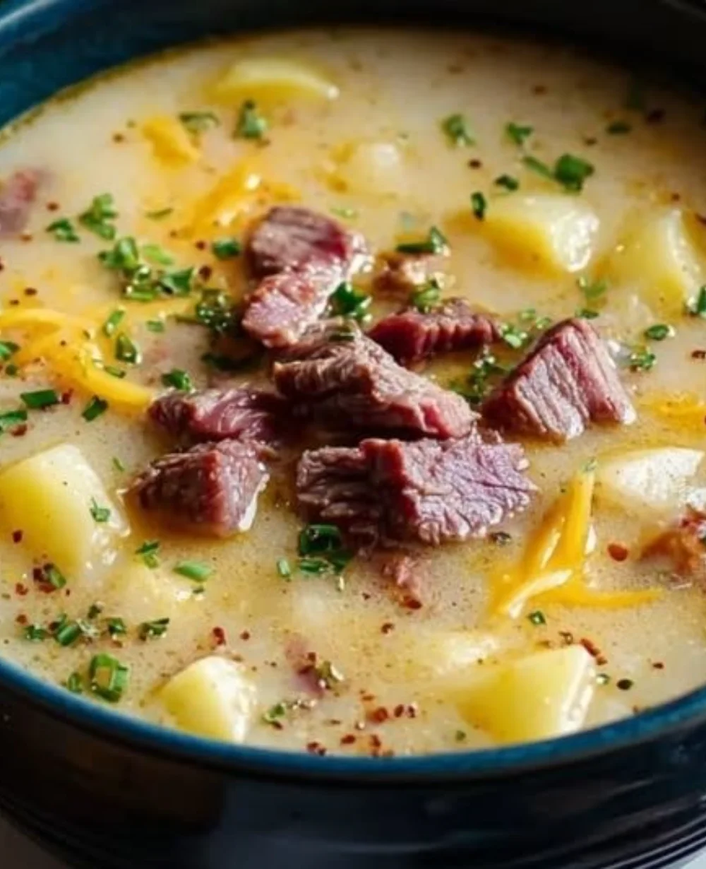 A bowl of creamy steakhouse potato soup garnished with green onions.