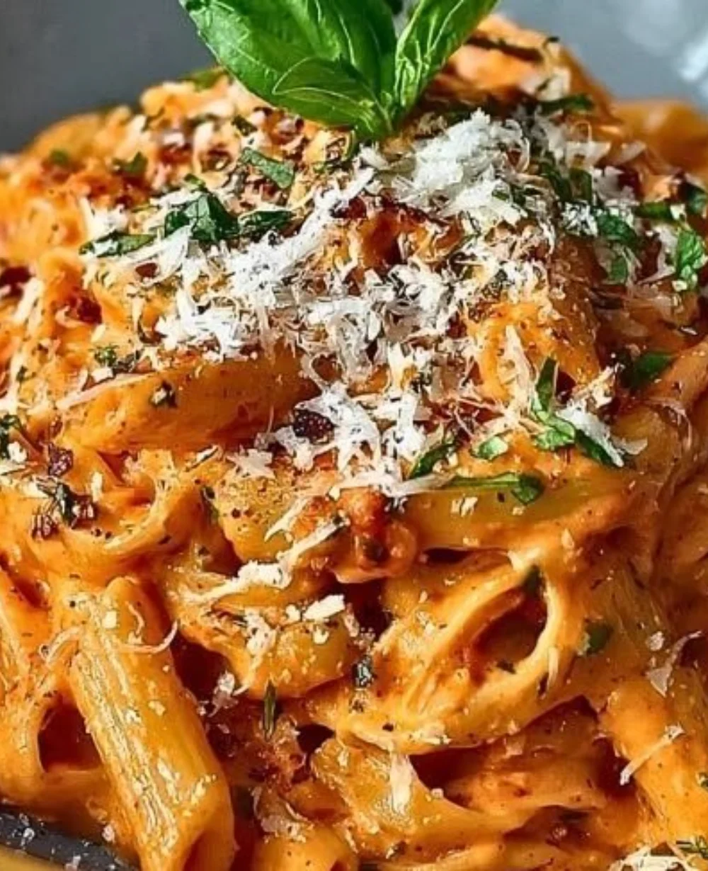 Creamy tomato garlic pasta dish garnished with fresh herbs